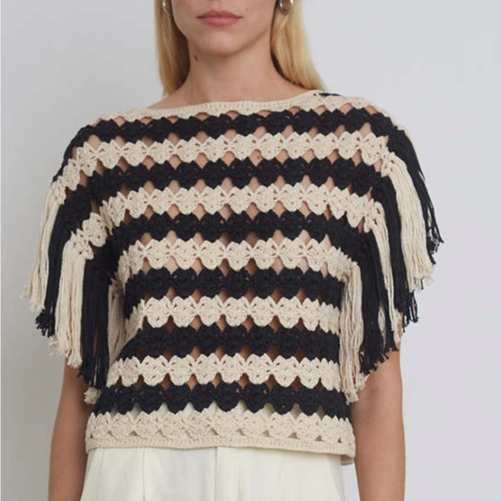 Eleven Six Black and Cream Crochet Fringe Top